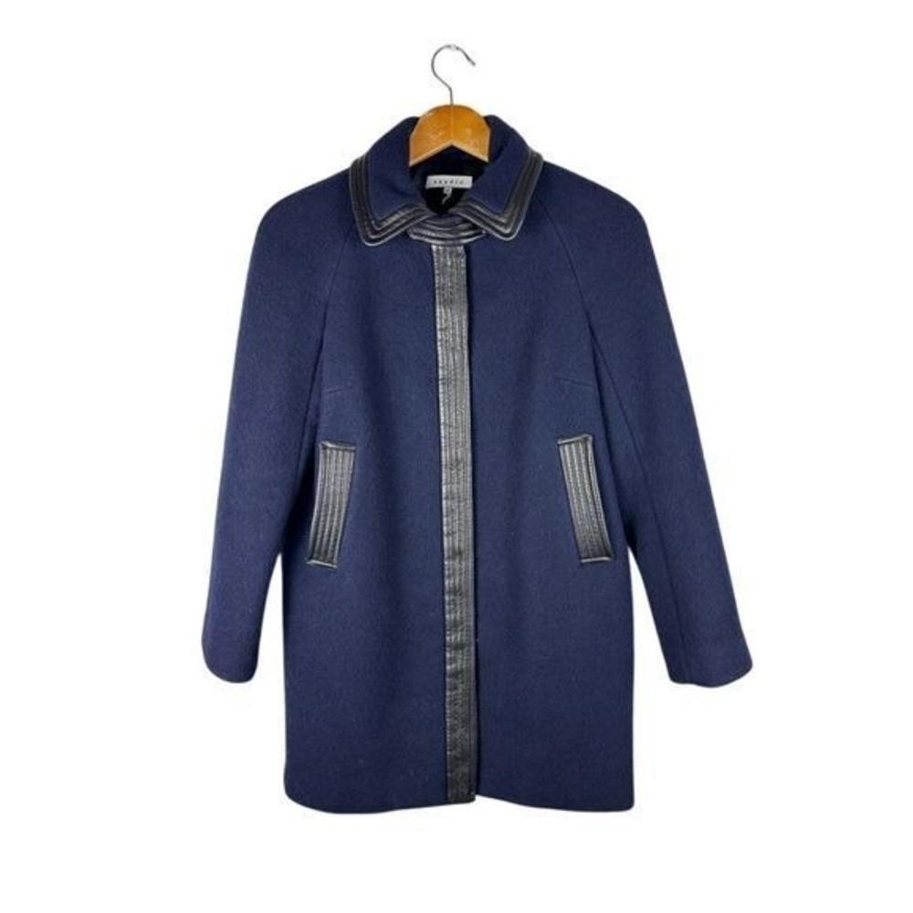 Sandro Navy Blue 100% Wool Black Leather Trim Detail Women's 36 Small M8318H